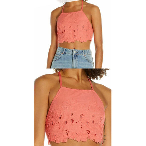 Free People Tops - Intimately Free People June Eyelet Bralette Halter Crop Top Kiss Kiss Coral S